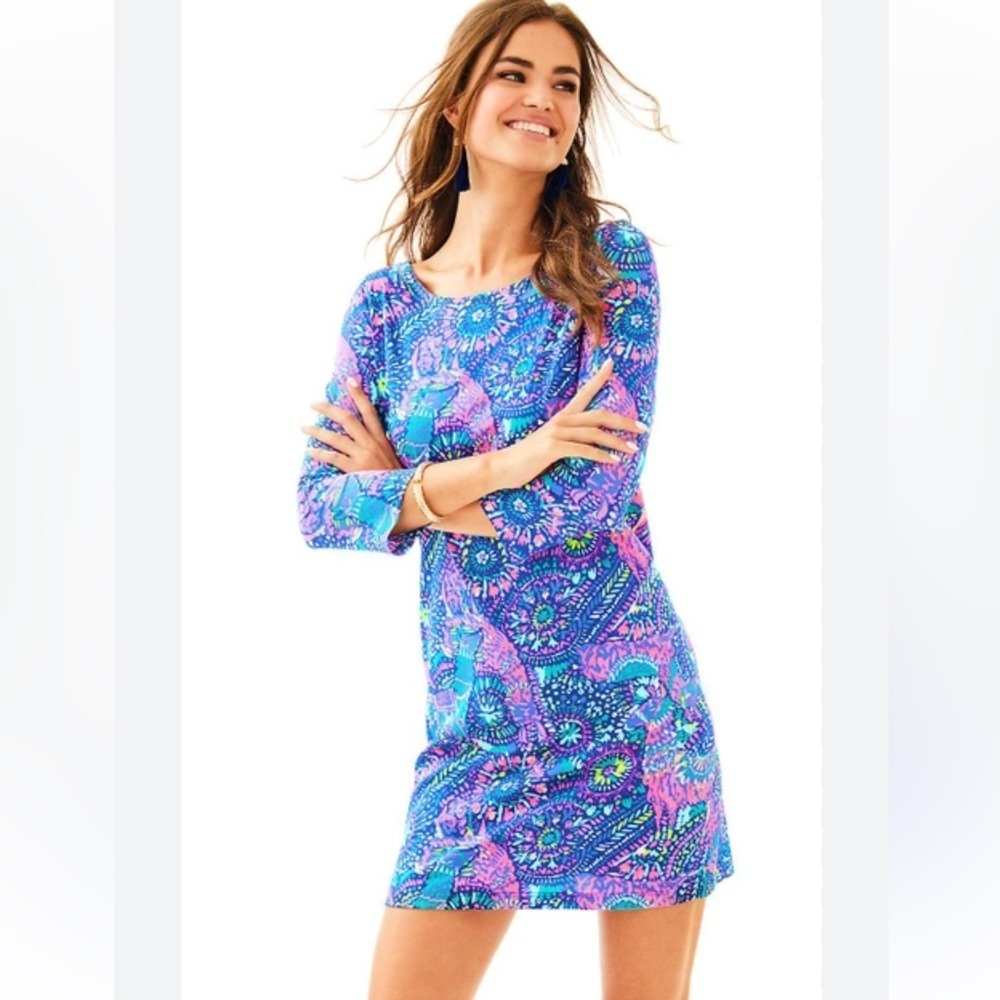 Lilly Pulitzer Pink and Blue bay no prob llama Sheath Dress with 3/4 Sleeves